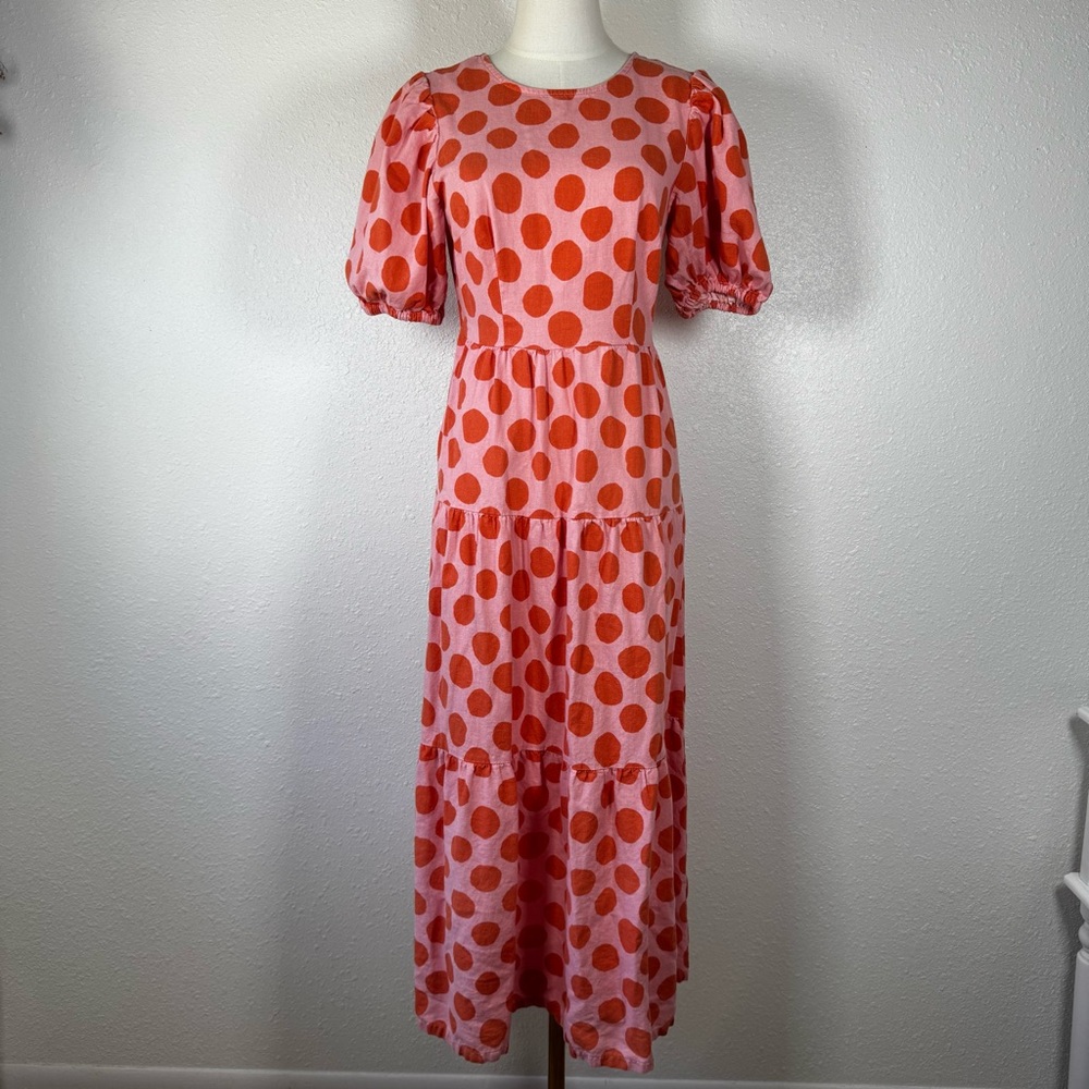 Who What Wear Pink Orange Polka Dot Tiered Maxi Dress XS Puff Sleeve Mod Cottage